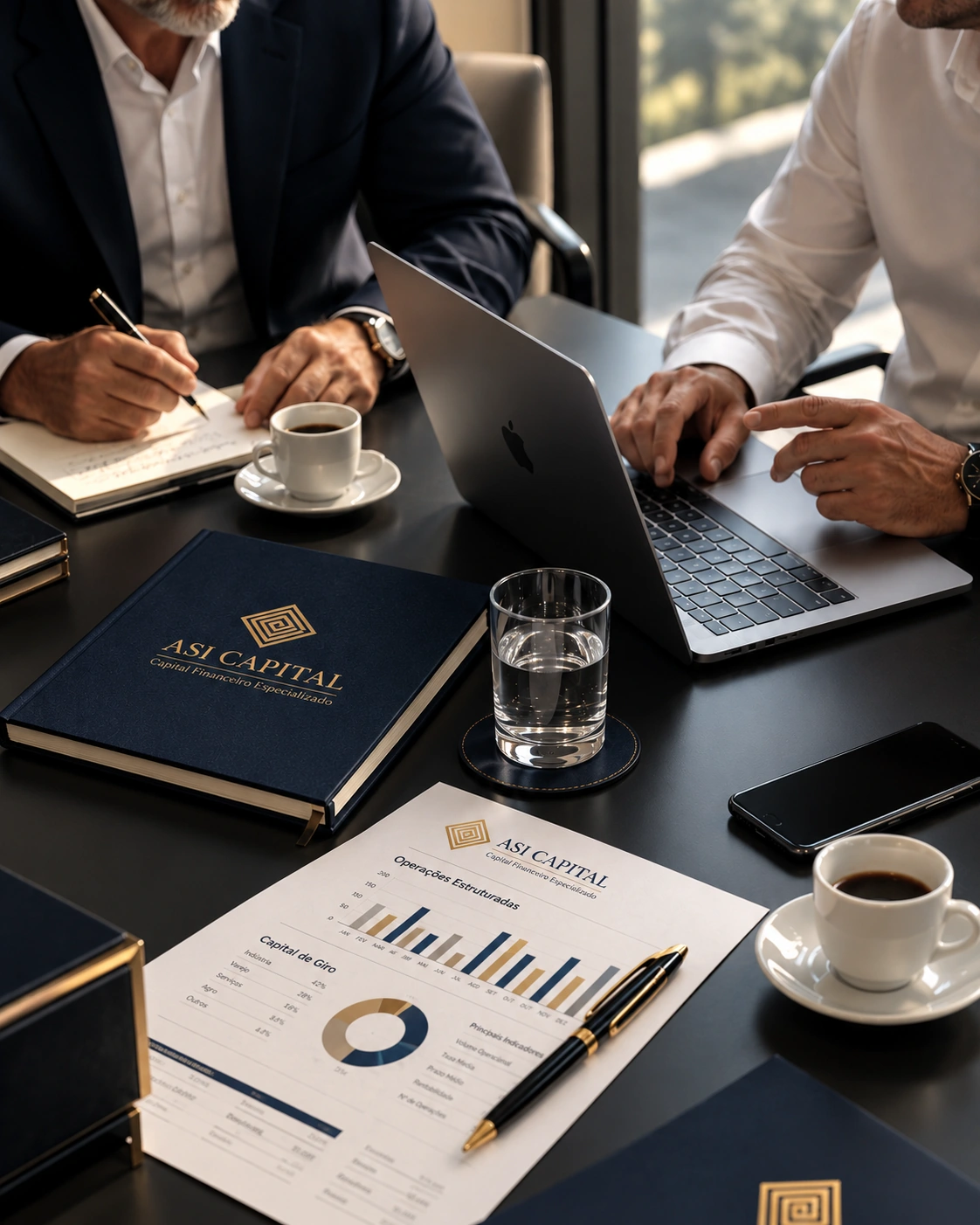 Reunião de negócios com análise financeira e material da ASI Capital