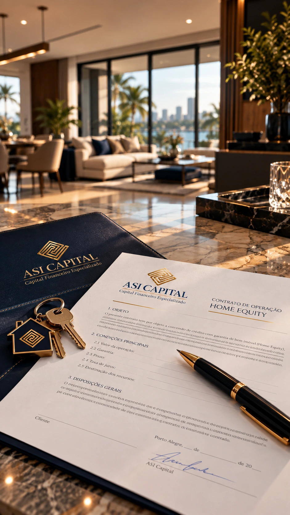 Contrato de home equity com chave de imóvel e material da ASI Capital